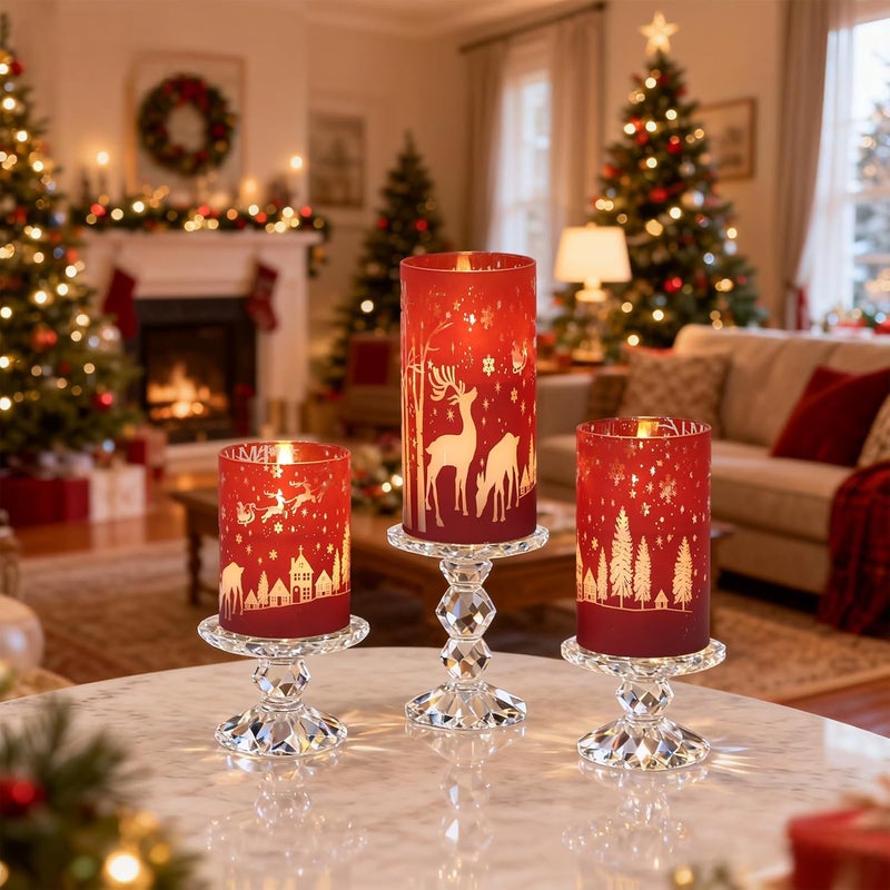 DRomance Christmas Flameless Candles Battery Operated with 10-Key Remote and Timer 3D Wick Flickering Electroplating Glass Reindeer LED Candles Indoor Holiday Decorations(Red, 3" D x 4", 5", 6" H) - Image 3